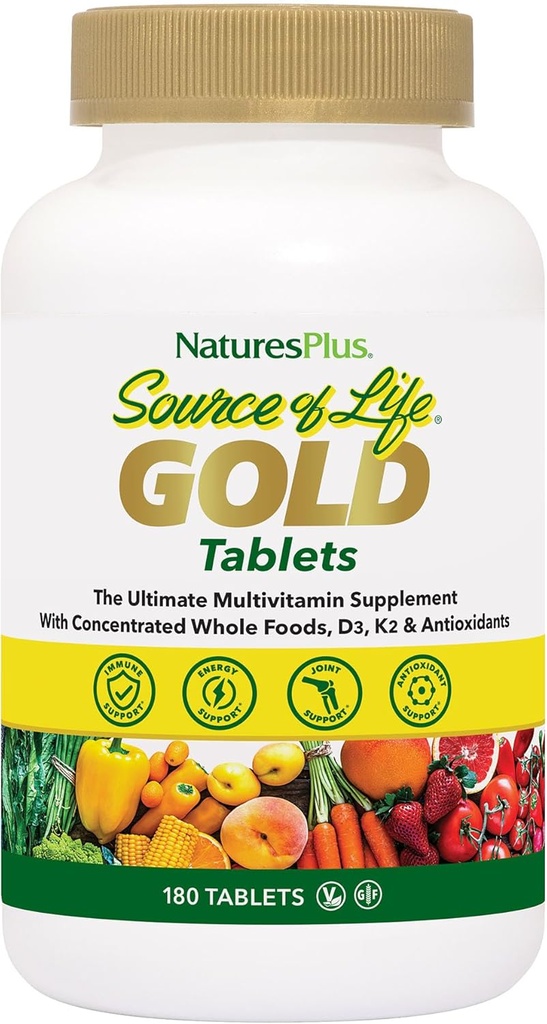 NaturesPlus Life Gold Multivitamin Kaynağı - 180 Tabletler - D3 & B12 - Kan, Bone & Immune Support - Vegetarian & Gluten Free - 60 Hizmetler
