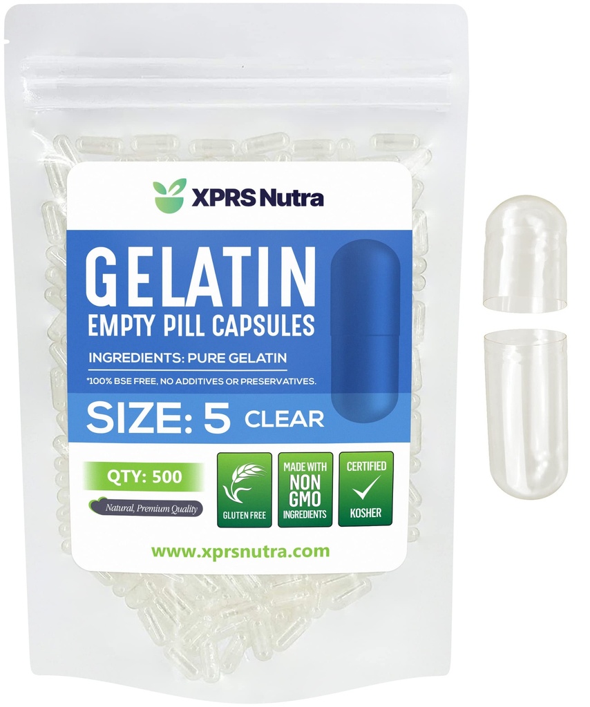 XPRS Nutra Boyutu 5 Boş Kapsüller - 500 Kont Çok Küçük Clear Boş Gelatin Capsules - Pills DIY Capsule - Do-It- Yourself Vitamin Supplements için Kullanılabilir Pill Gel Caps