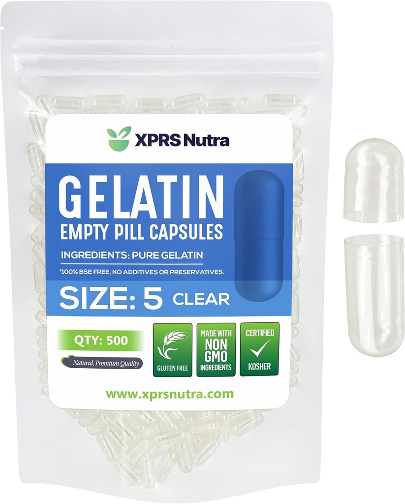 XPRS Nutra Size 5 Empty Capsules - 500 Count Very Small Clear Empty Gelatin Capsules - Pills DIY Capsule Filling - Fillable Pill Gel Caps for Do-It-Yourself Vitamin Supplements