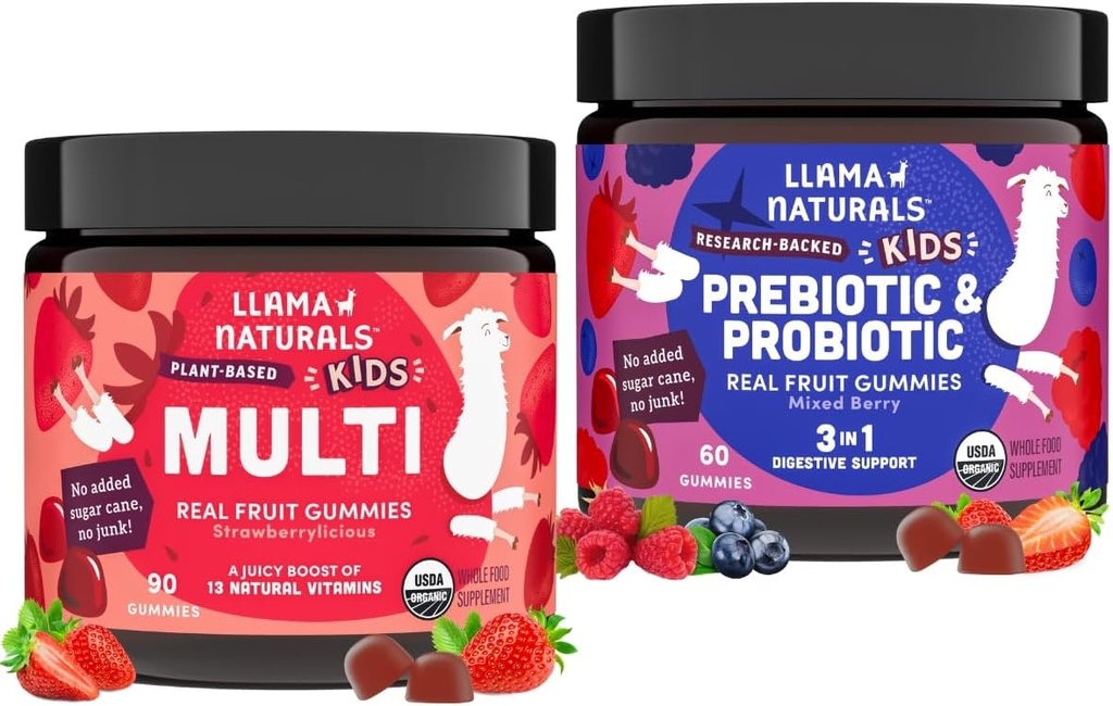 Llama Naturals Kids Multivitamin and Probiyotik and Prebiyotiks (1994), Vegan, Organik Gut Health ve Immune Support Gummies, Real Fruit Gummy Vitamins, NoEDIT Sugar Cane, 2 Şişe, 30 Day Supply