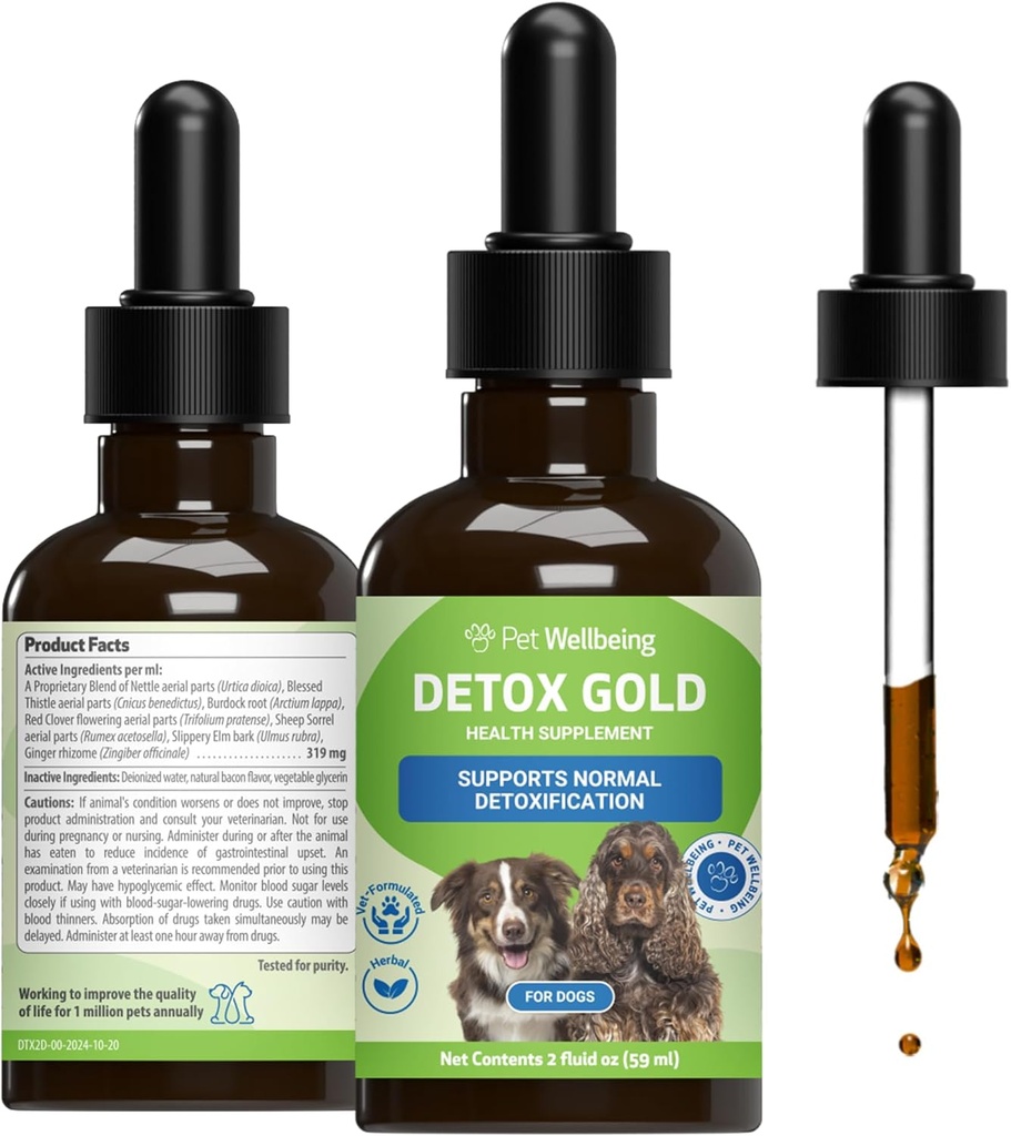 Pet Wellbeing Detox Gold for Dogs - Απαλή Αποτοξίνωση & Αποβολή Υποστήριξη, Φροντίδα ανοσοποιητικού συστήματος, Βραχιόλι, Ευλογημένη Θήκη, Ρίζα Burdock - Κτηνιατρικό-Σχηματισμένο συμπλήρωμα βοτάνων 2 oz (59 ml)