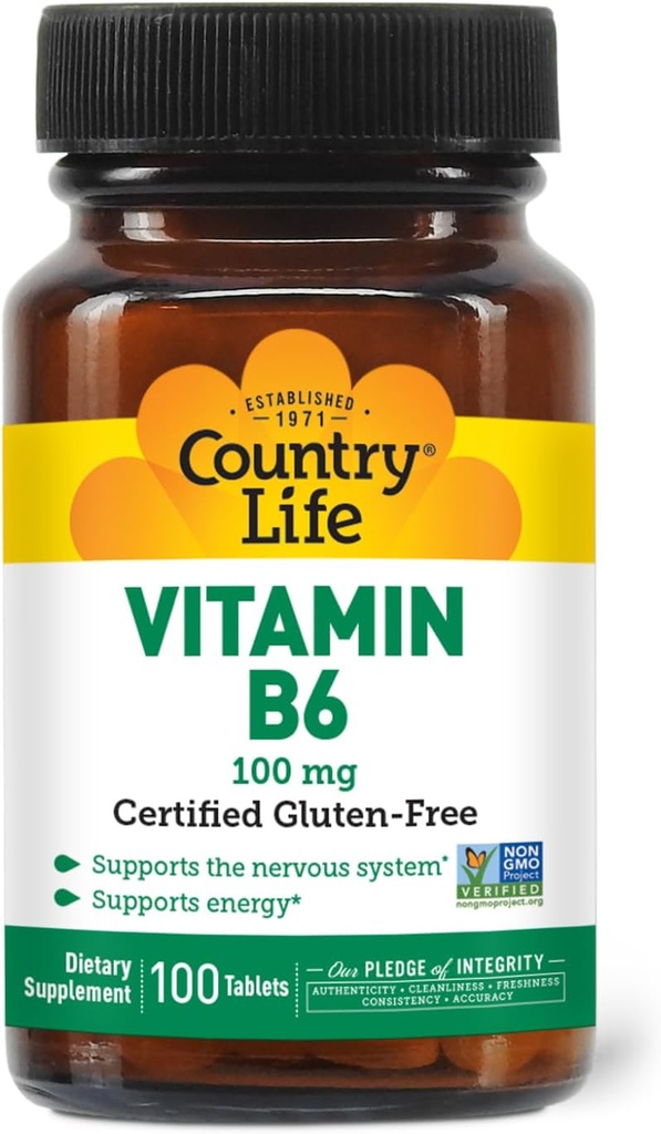 Ülke Yaşam Vitamini B-6, Enerji ve Nervous Sistemi, 100 mg, 100 Vegan Capsules, sertifikalı Gluten Free, sertifikalı Vegan, Onaylanmış Hell, Non-GMO Onaylandı...