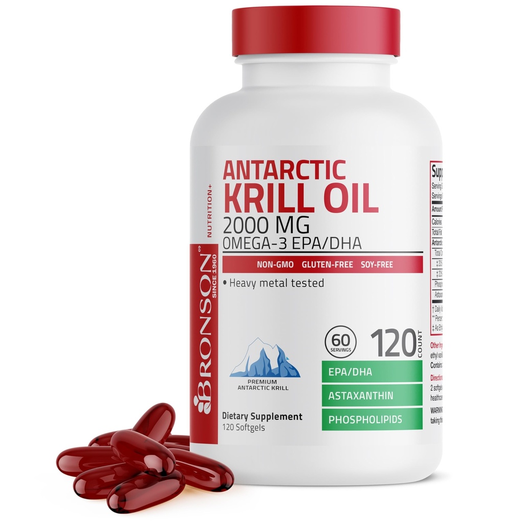 Bronson Antarktika Krill Oil 2000 mg with Omega-3s EPA, DHA, Astaxanthin ve Phospholipids 120 Softgels (60 Hizmet)