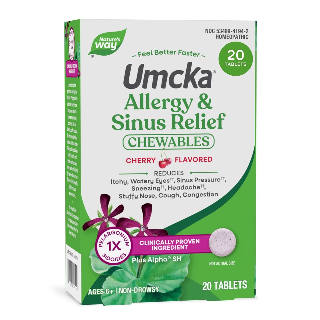 Nature's Way Alerji+Sinus Relief Chewables, Umcka, Sneezing*, Runny Nose*, Headache*, Cough, Congestion, No Phenylephrine, Non-Drowsy, Cherry Flavored, 20 Chewable Tabletler (Pazaraj Vary)