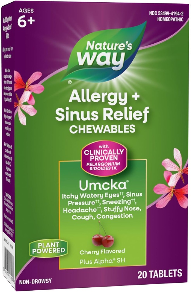 Nature's Way Allergy+Sinus Relief Chewables, Umcka, Sneezing*, Runny Nose*, Headache*, Cough, Congestion, No Phenylephrine, Non-Drowsy, Cherry Flavored, 20 Chewable Tablets (Packaging May Vary)