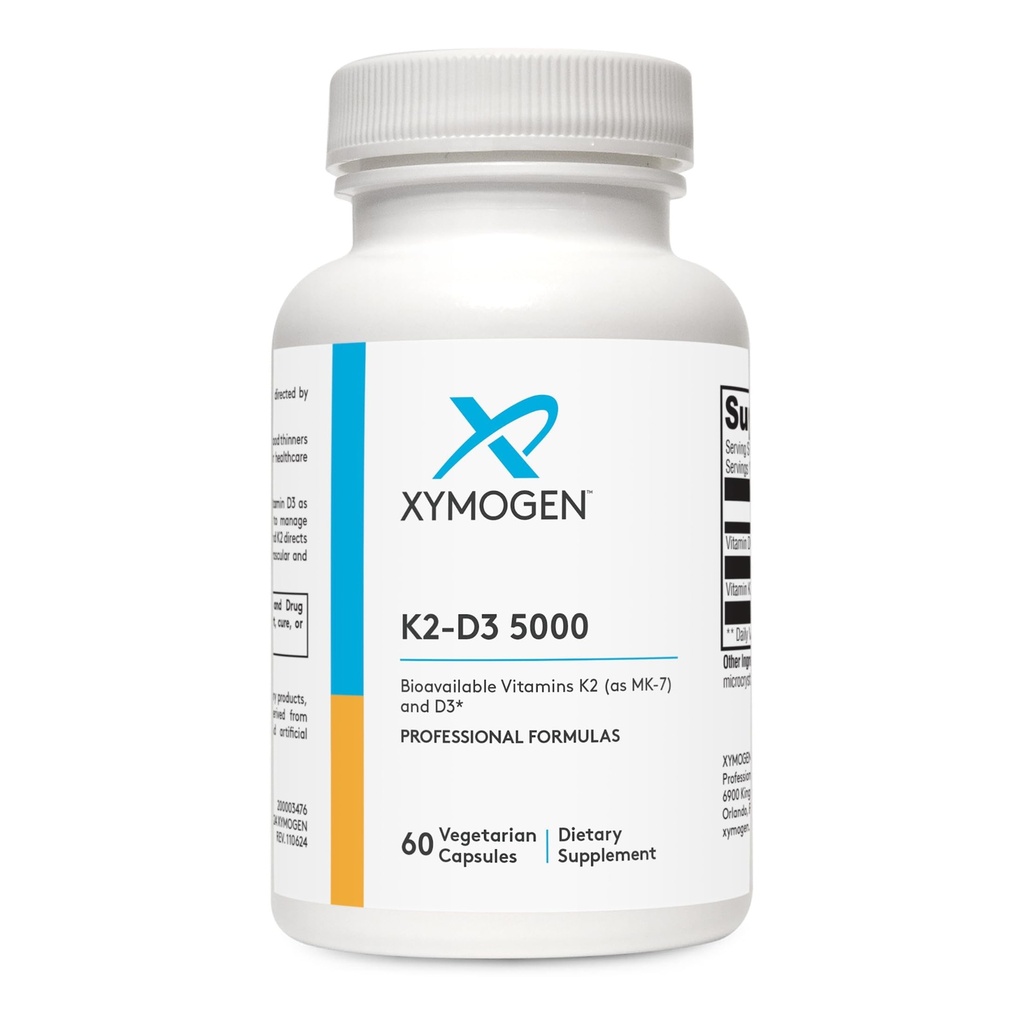 XYMOGEN K2-D3 5000 - Vitamin D3 K2 - Bio available Vitamin D 5000 IU (Cholecalciferol) MK-7 - Kalp, Arterial, Bone Health + Immune Support Supplement (60 Capsules)