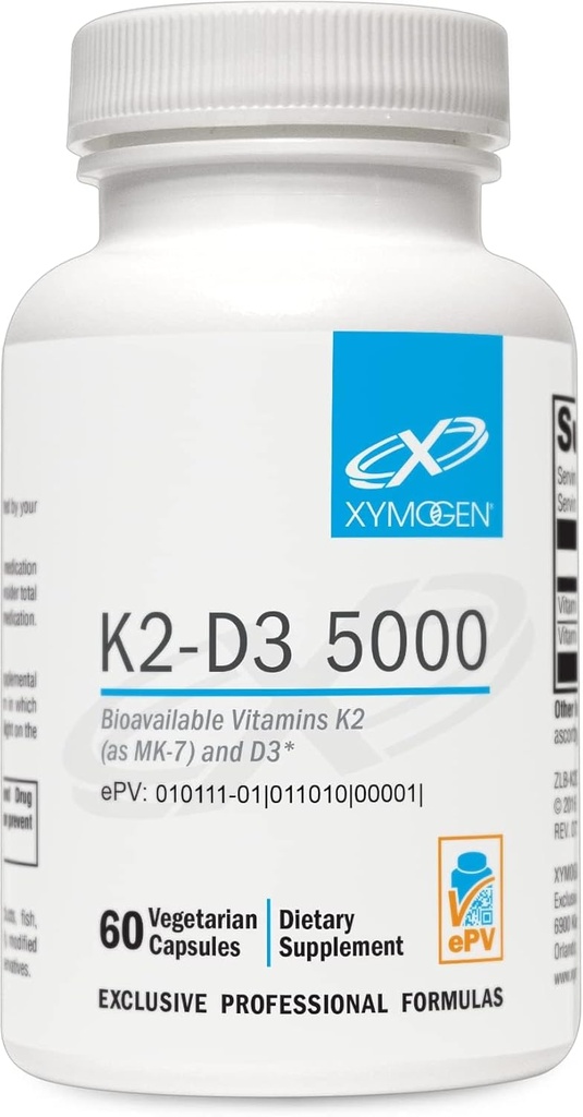 XYMOGEN K2-D3 5000 - Vitamin D3 K2 - Bio available Vitamin D 5000 IU (Cholecalciferol) MK-7 - Kalp, Arterial, Bone Health + Immune Support Supplement (60 Capsules)