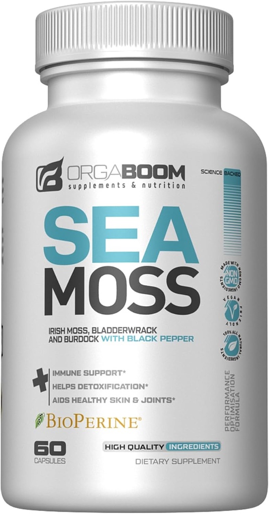 Sea Moss Capsules Irish Sea Moss Supplement with Organic Burdock Root, Bladderwrack & Black Pepper | Boost Energy, Detox & Immune Support | Non-GMO, Vegan | Made in USA - 60 Count