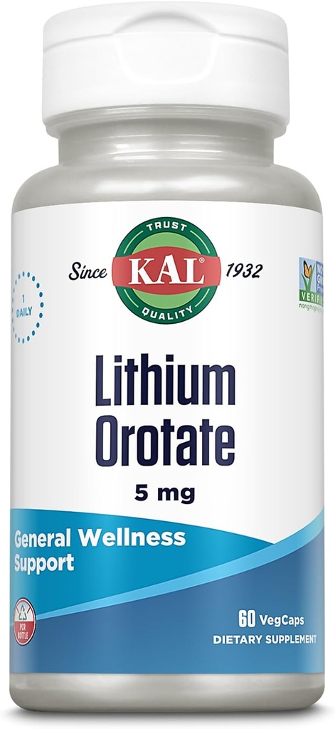 KAL Lityum Orotate 5 mg | Low Service of Chelated Lityum Orotate for Bioavailability & Mood Support | in Organic Rice Bran Extract Base | 60 VegCaps