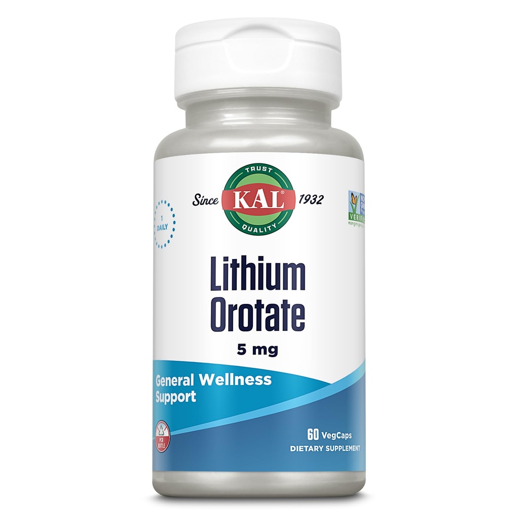 KAL Lityum Orotate 5 mg | Low Service of Chelated Lityum Orotate for Bioavailability & Mood Support | in Organic Rice Bran Extract Base | 60 VegCaps