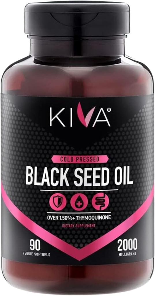 Kiva Black Seed Oil Softgel Capsules - Cold-Pressed (2000mg), 2%+ High Thymoquinone (TQ), 100% Turkish Nigella Sativa Seed Oil, 90 Vegan Softgels