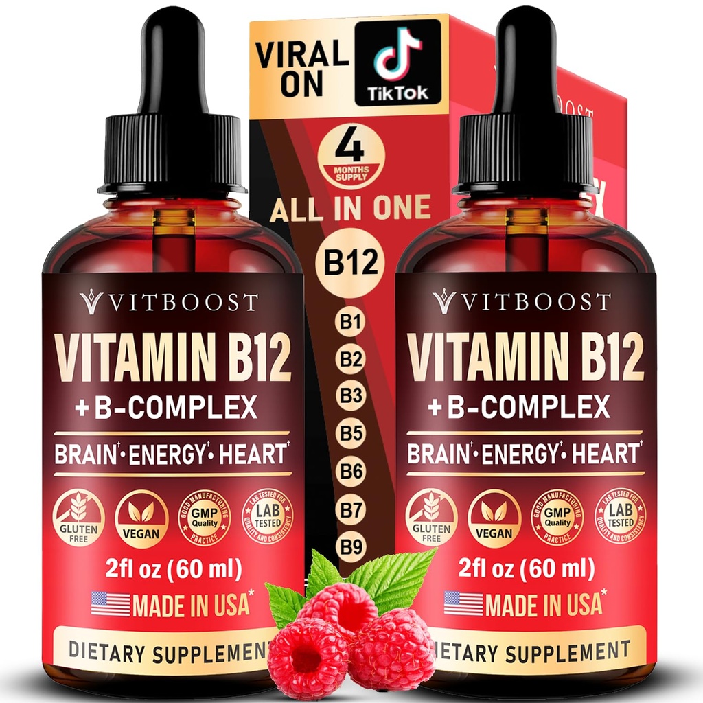 Vegan B12, B Complex 20000 mcg- Extra Strength for Men and Women- Raspberry Liquid Drops / ABD Made, B1, B2, B3, B5,B6, Biotin, Folic Acid & B12 Sublingual Mecobalamin | 4 Ay Supply