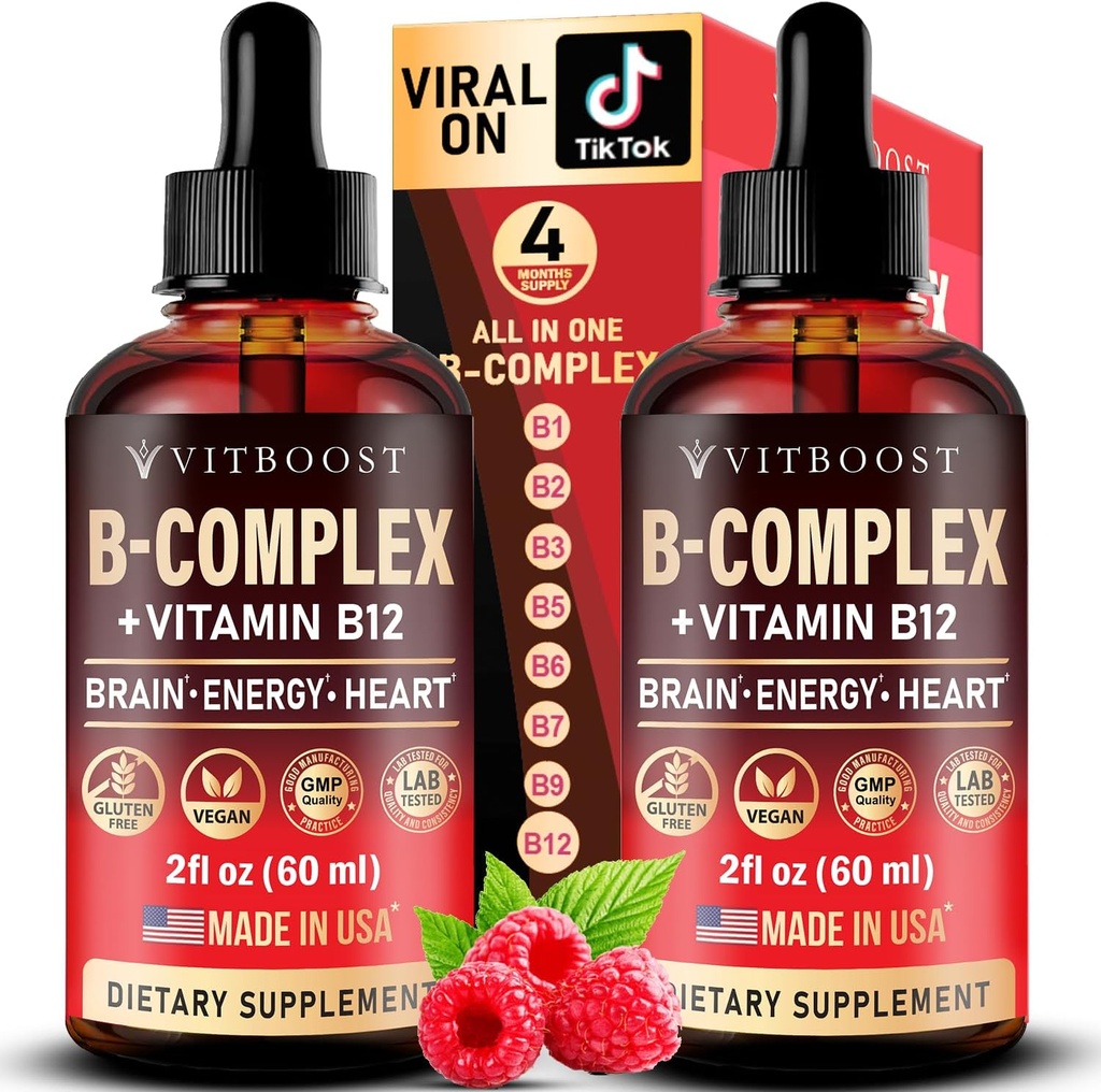 Vegan B12, B Complex 20000 mcg- Extra Strength for Men and Women- Raspberry Liquid Drops / ABD Made, B1, B2, B3, B5,B6, Biotin, Folic Acid & B12 Sublingual Mecobalamin | 4 Ay Supply