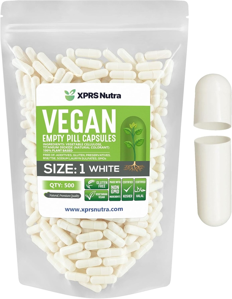XPRS Nutra Μέγεθος 1 Κενές κάψουλες - 500 Count Empty Vegan Κάψουλες - Χορτοφαγικά Χάπια - DIY Καψάκιο Φυτικών Γέμισμα - Veggie Χάπια για Do-It-Yourself Συμπληρώματα (Λευκά)