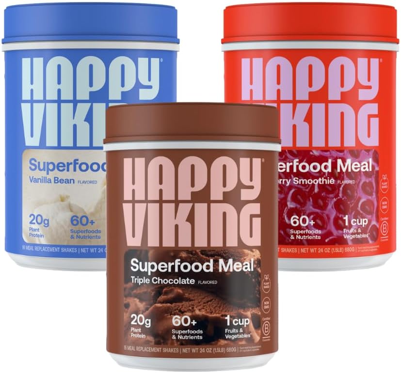 Happy Viking Chocolate, Vanilla and Strawberry Powder, by Venus Williams, 20G Protein, Low Carb, Keto, Vegan, Gluten-Free, Superfoods, Complete Meal Replacement, 3 Canisters (24 oz. Κάθε)