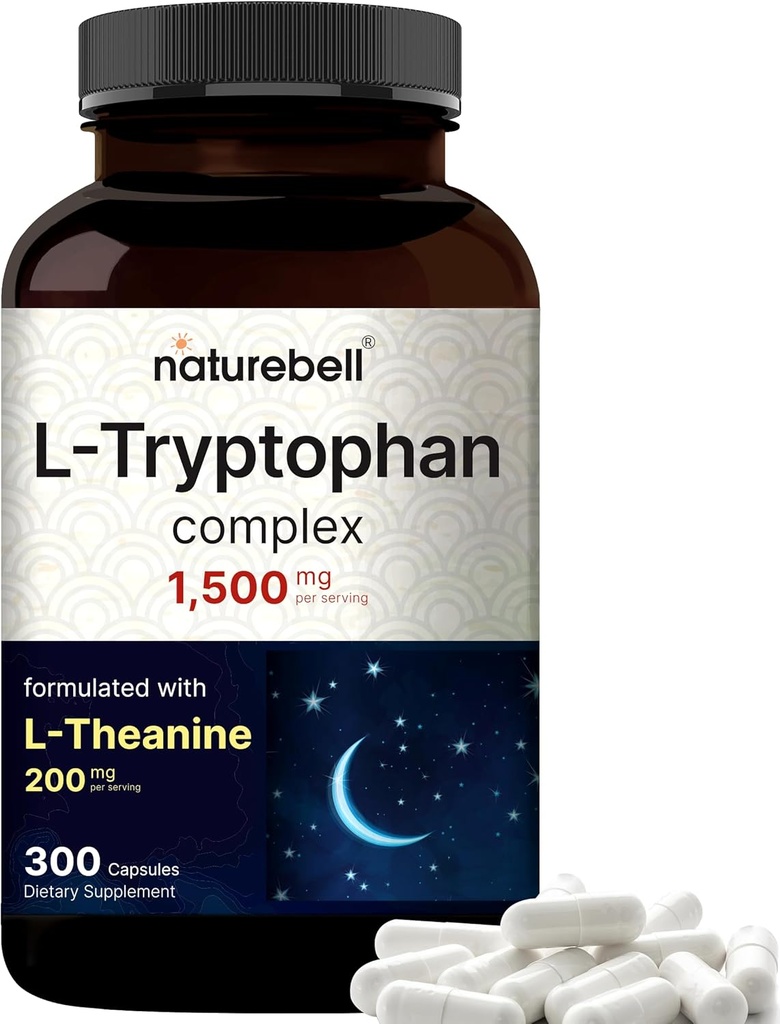 NatureBell L Tryptophan 1300 mg with L Theanine 200 mg, 300 Capsules | Active Free Form, Plant Based Supplement – Calm Formula, Supports Relaxation – Non-GMO & No Glutenten