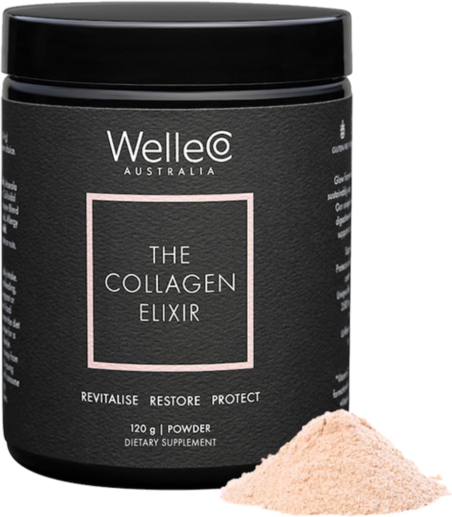 WelleCo The Collagen Elixir, Marine Collagen Peptides Toz on Hyaluronic Acid, Vitamin C, Digestive Enzymes & Silica for Skin, Hair & Nails, Unflavored, 4.23 ozle