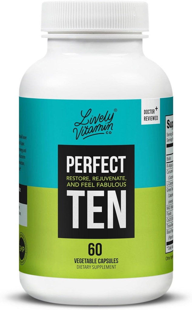 LIVELY VITAMIN CO. Perfect Ten - Anti-Aging & Antioksi Supplement - Biotin & Lipoic Asit - Sağlıklı Saç, Cilt, Çiçekler - Enerji Boost - Sharper Beyin Fonksiyonu - Güçlü Immunity - 60 Capsules