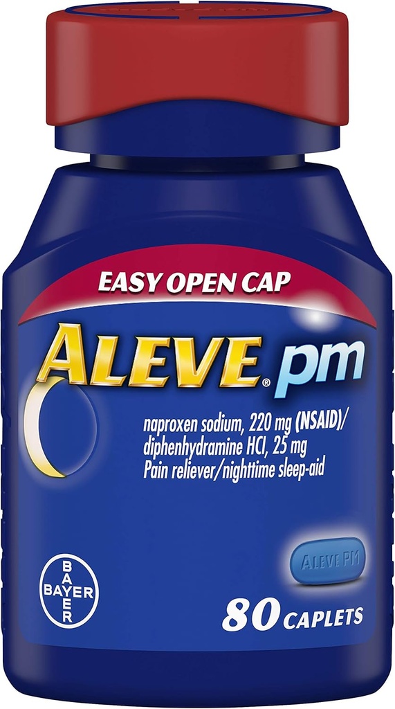 Aleve PM Caplets, Fast Acting Sleep Aid and Pain Relief for Headaches, Kas Aches, Non-Habit 220 mg Naproxen sodyum ve 25 mg Diphenhydramine HCl Capsules, 80 sayı
