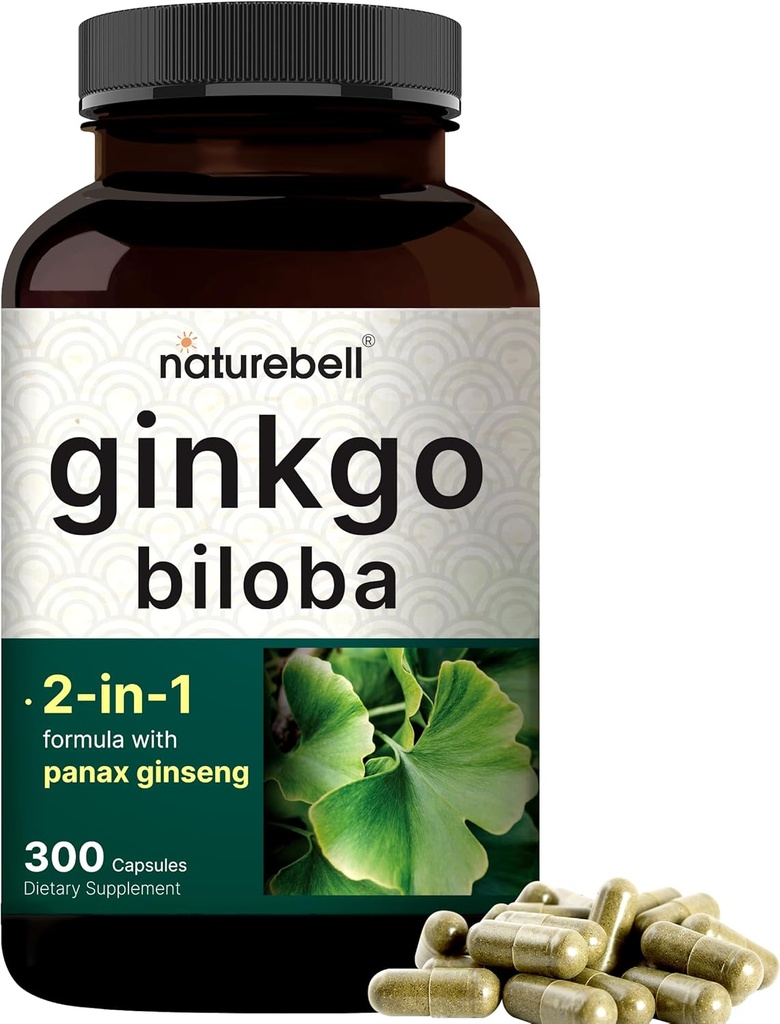 NatureBell Ginkgo Biloba 6,000mg with Panax Ginseng 500mg Per Serving | 300 Capsules – Max Strength Ginko Biloba Extract Supplements - Promotes Memory, Focus, and Brain Health