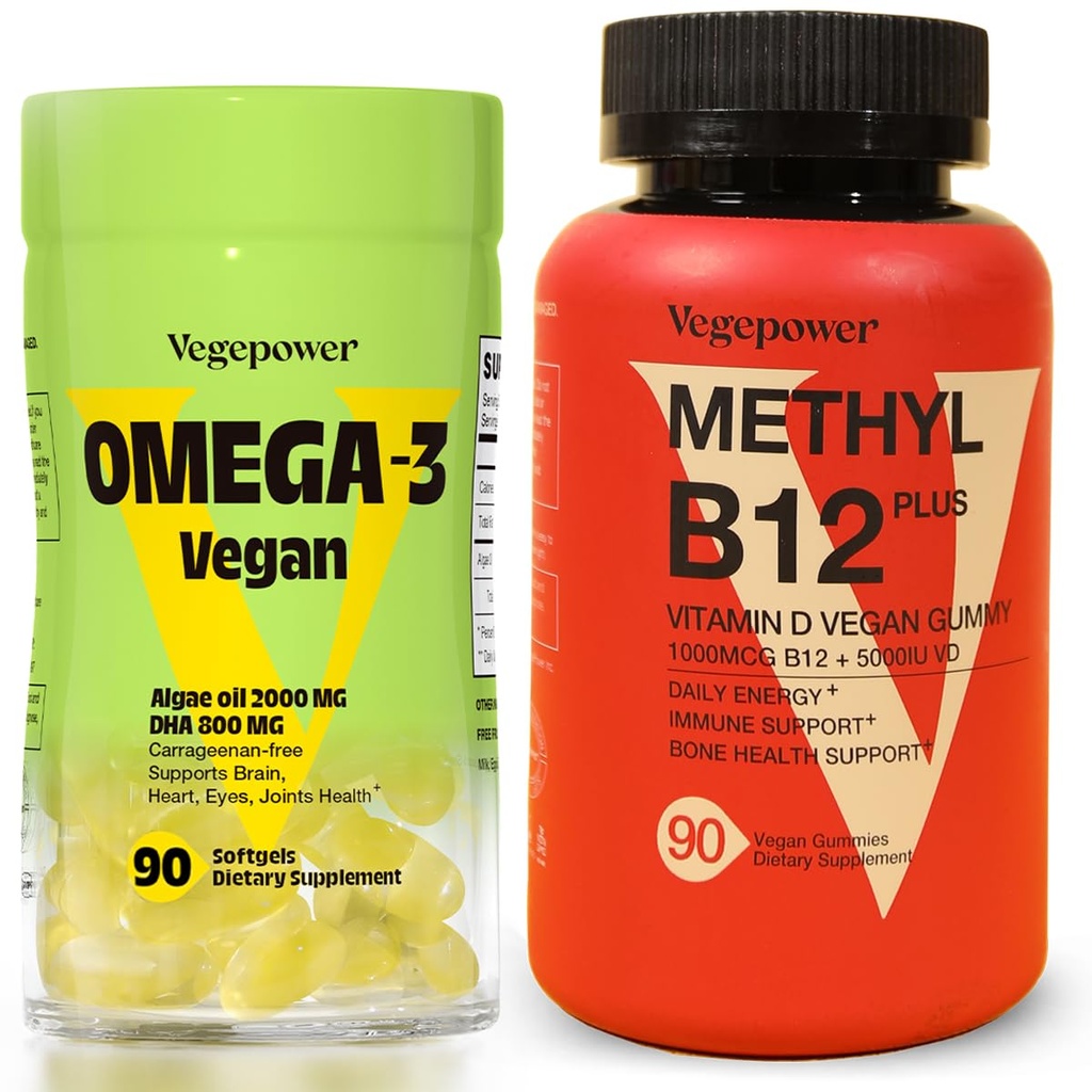 Vegan Omega-3 + B12 Gummy | Algae Omega-3 DHA Supplements for Brain, Heart Eyes Health | Me12 1000 mcg & Vitamin D 5000 I for Energy and Immune Support - 90 Count