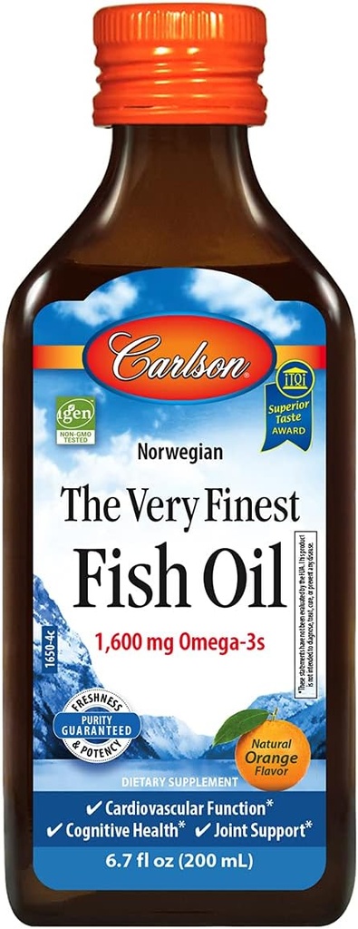 Carlson - The Very Finest Fish Oil, 1600 mg Omega-3s, Liquid Fish Oil Supplement, Norveç Fish Oil, Wild-Caught, Sustainable Sourced Fish Oil Liquid, Orange, 6.7 Fl Oz