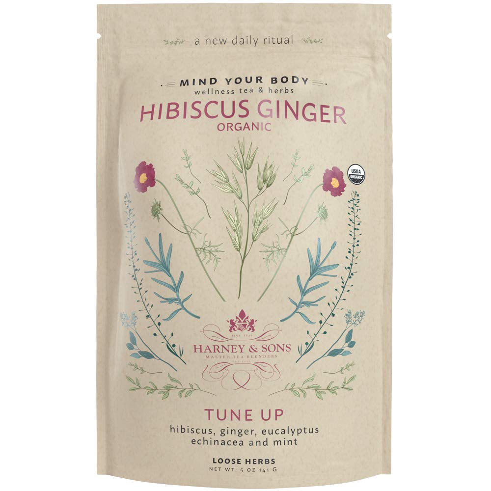 Harney & Sons Organic Hibiscus Ginger Tune-Up Wellness Blend, με Eucalyptus, Echinacea και Mint, 5 oz τσάντα