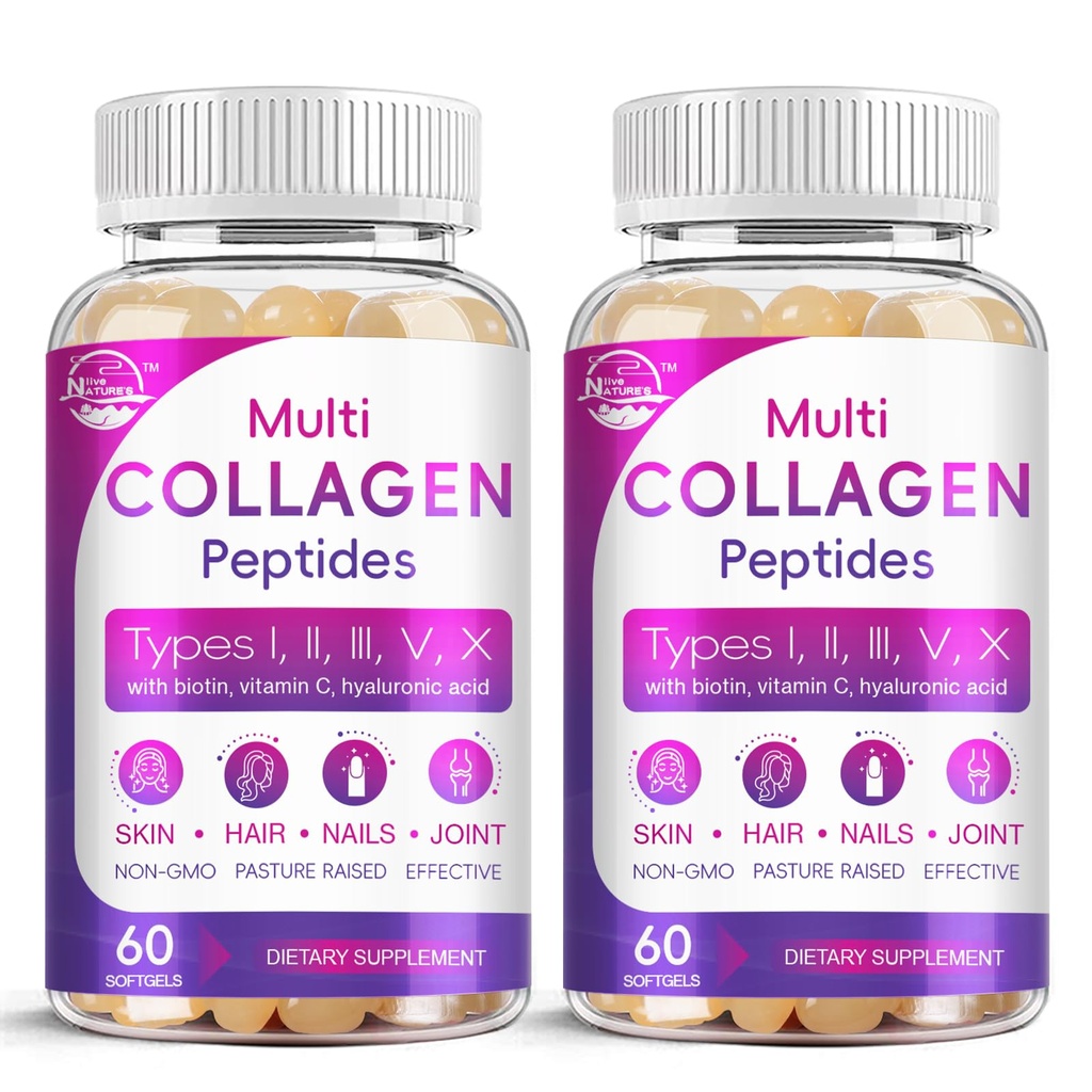 Multi Collagen Soft Softgel - Tip I, II, III, V, X - Hydrolyzed Collagen, with Biotin, C, Hyaluronic Acid, Supports Skin Hair Nail, Grass-Fed, Non-GMO, 60 Softgel, 2 Pack