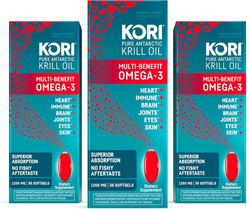 Kori Krill Oil Omega 3 συμπλήρωμα, Ανταρκτική Krill Oil με ανώτερη απορρόφηση έναντι ιχθυέλαιο, 1200mg Softgels, 30 Softgels, EPA & DHA (πακέτο των 3)