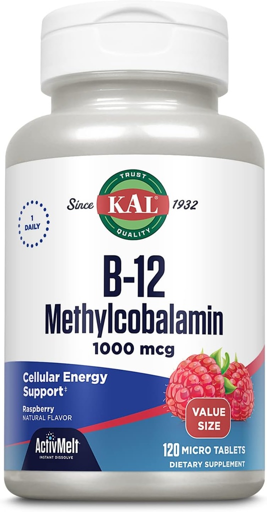 KAL Βιταμίνη B12 Methylcobalamin 1000mcg, Υγιής Ενέργεια, Μεταβολισμός, Νεύρο και Κόκκινα κύτταρα αίματος Υποστήριξη, Γρήγορη Διάλυση ActivMelt, Υψηλή Απορρόφηση, Χορτοφαγικά, Φυσικό Βατόμουρο, 120 Serv, 120 Micro Tabs