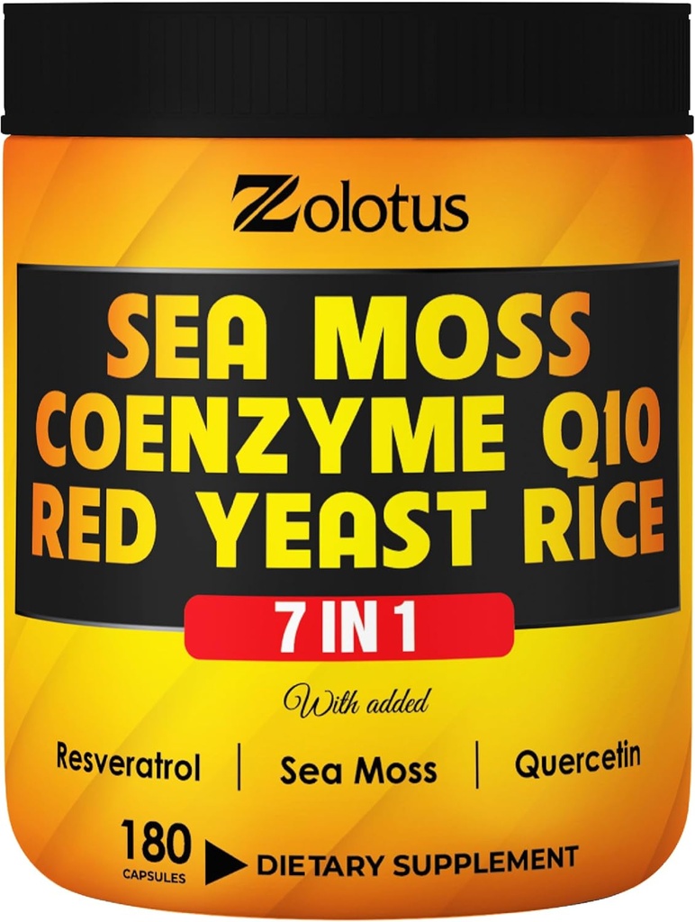 Zolotus 7 1 Sea Moss Supplement + Red Yeast Rice, Coenzyme Q10 Capsules, Equivalent to 8640 mg, Quercetin, Resveratrol, B3, Vitamin D3, Body Balance, Immune System & Heart Health