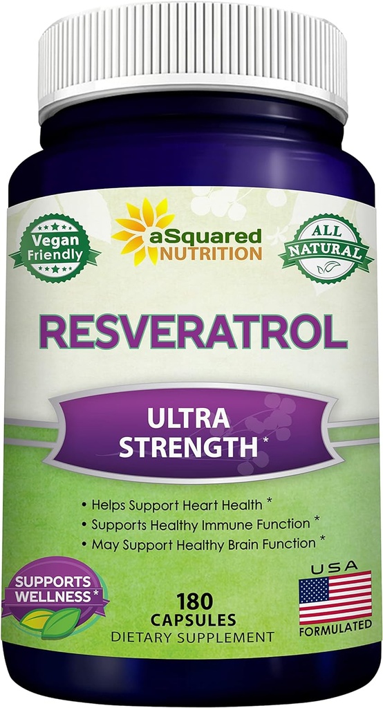 100% Doğal Resveratrol - Max Strength (180 Capsules) Antioksi Supplement, Trans-Resveratrol Pills for Heart Health & Pure, Polyols