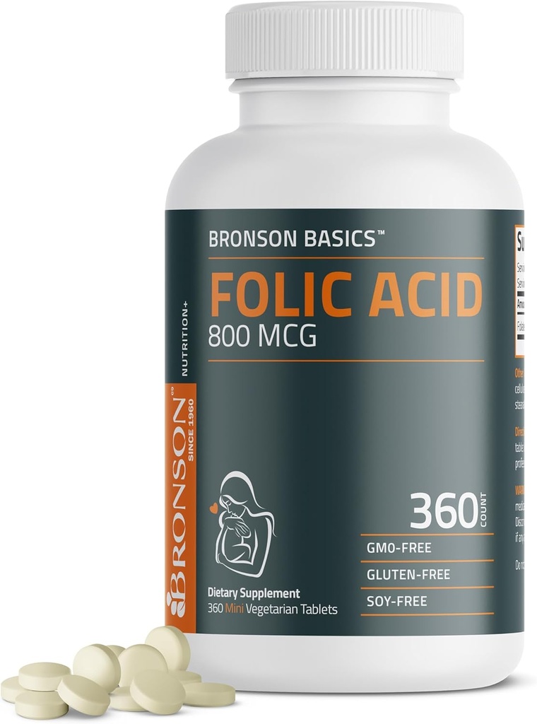 Bronson Folic Acid 800 MCG Destek Prenatal Development, 1 Yıl Supply, Non-GMO, 360 Tablet