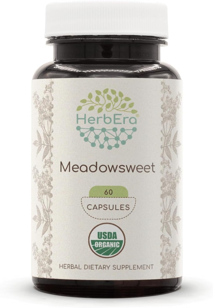 HerbEra Meadowsweet USDA Organic 60 Capsules | Natural Herbal Supplement | Sertifikalı Organik Vejetaryen Capsules and Organic Meadowsweet (Filipendula ulmaria) Kuru Herb (60 Capsules)