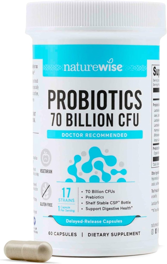 NatureWise Probiotics 70 Δισεκατομμύρια CFU - 17 Strains + Βιολογικά Πρεβιοτικά - Ανοσοποιητική, Επιπεφυκίτιδα & Οπίσθια Υγεία Υποστήριξη για γυναίκες & άνδρες - Χορτοφαγικά, Χωρίς Γλουτένη, Μη ΓΤΟ - 60 Κάψουλες[2-Month Supply]