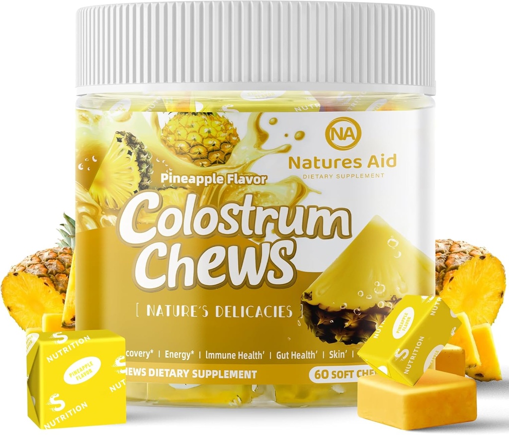 Colostrum Chews Supplement with probiyotiks for Gut Health, Bloating, Immune Support, Skin, Saç Büyüme ve Güzellik - Pineapple Flavor (60 Hizmet)