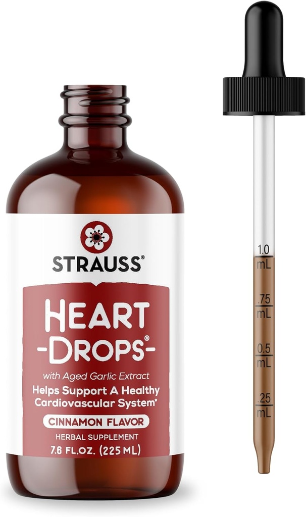 Strauss Naturals Heart Drops – Natural Mistletoe & Aged Garlic Extract Heart Health Supplement – Sağlıklı Kartiovasküler Sistem – Vegan & Non-GMO – Cinnamon Flavored – 225 ml Şişe