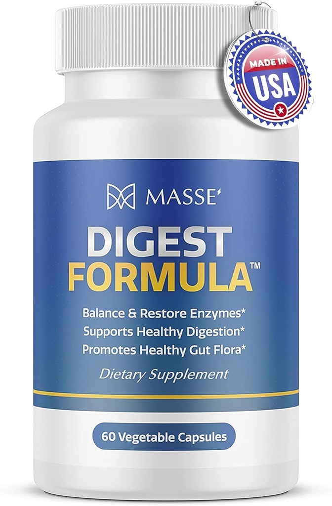 MASSE' Digest Formula συμπλήρωμα Enzyme Boost Κάψουλες - Advanced Formula for Digestive Health & Gut Flora Support - Natural Organic Enzyme Supplement for Digestive Care and Overgrowth- 60 Count