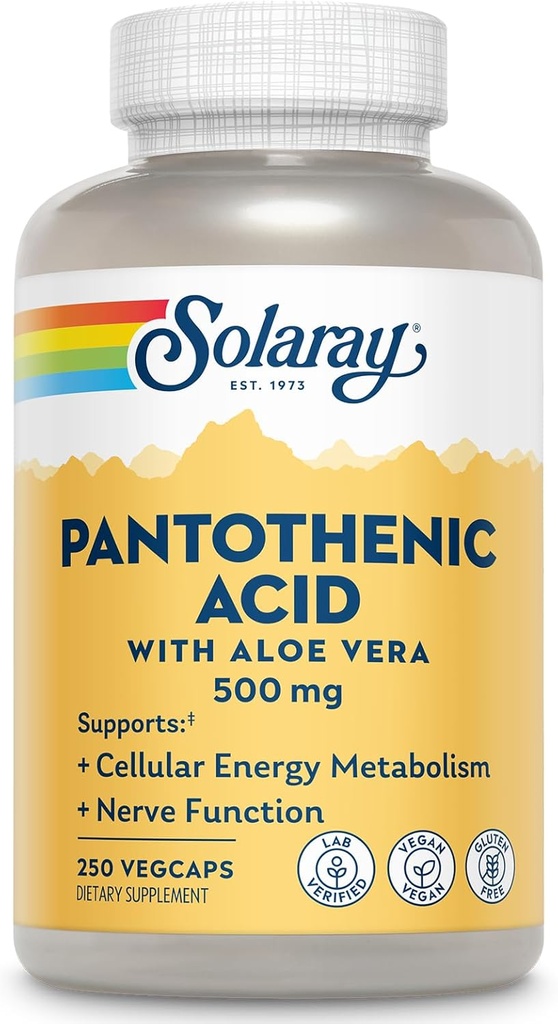 SOLARAY Pantothenic Acid 500mg - συμπλήρωμα παντοθενικού οξέος (βιταμίνη Β5) - Απαραίτητη βιταμίνη συμπλέγματος Β - νευρικό σύστημα και κυτταρική ενέργεια Υποστήριξη - Vegan, χωρίς γλουτένη, 60-ημέρα Guaratee, 250 εξυπηρετούν