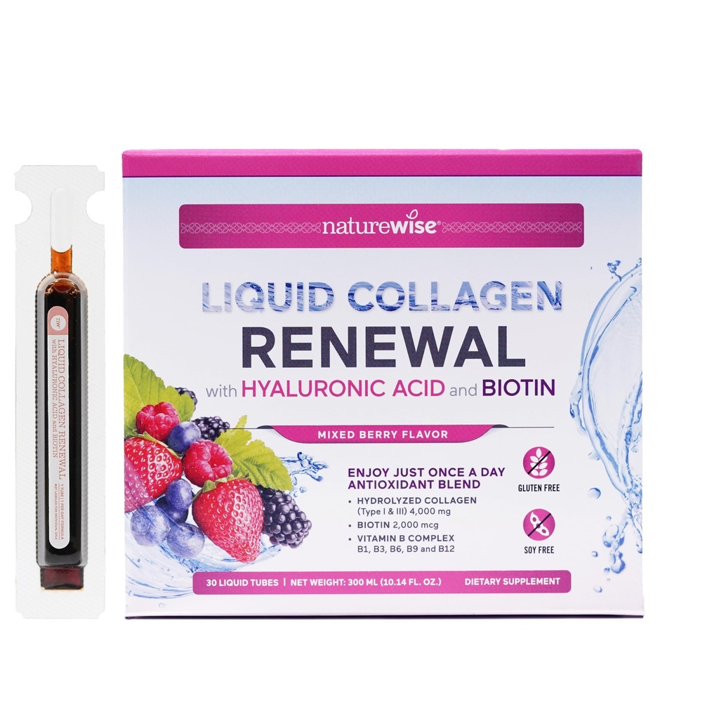 NatureWise Hydrolyzed Liquid Collagen for Women & Men 4000mg - Υψηλή απορρόφηση, Τύπου 1 & 3 πεπτίδια με Βιοτίνη + Βιταμίνη C + Βιταμίνη B Complex & Υαλουρονικό οξύ - Mixed Berry - 30 Tubes[30 Day Supply]