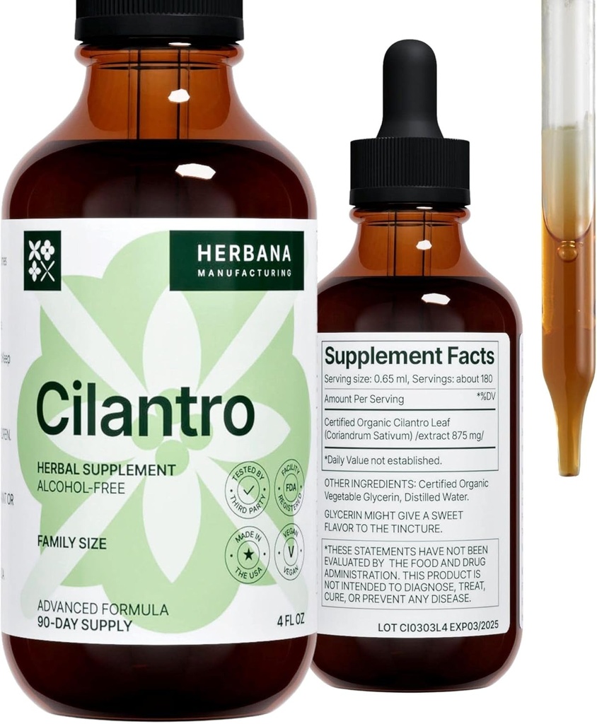Cilantro Leaf 4 fl oz Liquid Extract - Organic Coriandrum Sativum Drops for Body Cleansing & Detox - Natural Calming Herbal Tincture Supplement for Nervous System - High Potency - 90-Day Supply