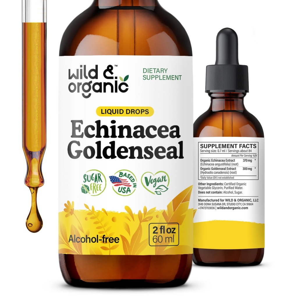 Wild & Organic Echinacea Goldenseal Liquid Drops - Immune Support Supplement w/Goldenseal Echinacea Root Extract - Vegan, Sugar & Alkol-Free Tincture - 2 fl ozzz