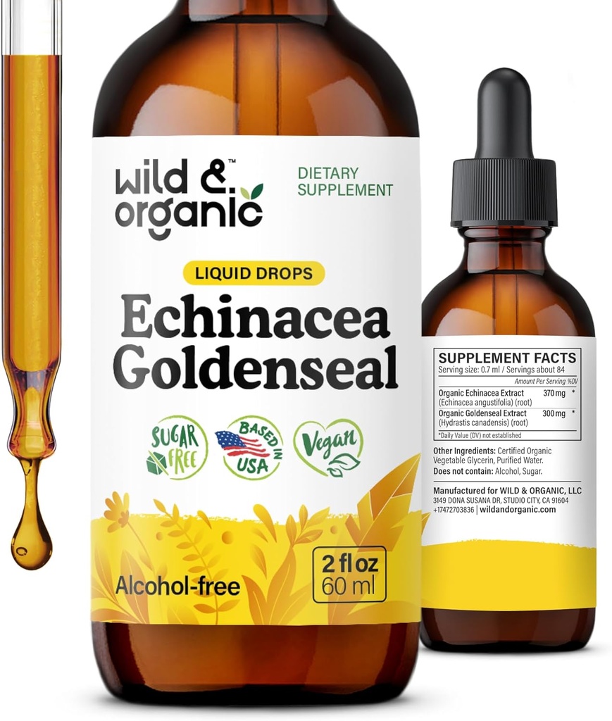 Wild & Organic Echinacea Goldenseal Liquid Drops - Immune Support Supplement w/Goldenseal Echinacea Root Extract - Vegan, Sugar & Alkol-Free Tincture - 2 fl ozzz