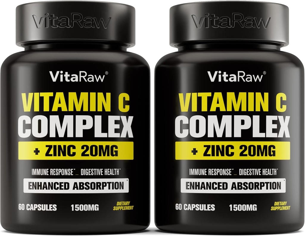 C Supplement 2 Pack (120 Veggie Capsules) - Çinko 20 mg ile 1500 mg - En yüksek Absorps C Immune Support Complex - Vitamin C Capsules & çinko Vitaminleri Yetişkinler için Vit C Immune Yardım Vegan