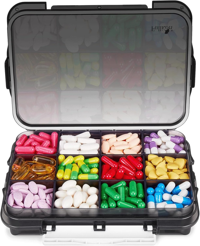 Fullicon Καθημερινά Travel Moisture Proof Pill περίπτωση με 12 Extra Μεγάλο Διαμέρισμα, Hill Organizer με 3 Secured Buckles, Μεγάλο Συμπληρωματικό Κουτί για Βιταμίνη με Αφαιρούμενο Διαχωριστές (Μαύρο)