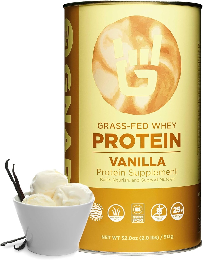 Gnarly Nutrition Vanilla Protein Powder – NSF Sport Πιστοποιημένη – 25g πρωτεΐνη, μυϊκή επισκευή – Grass Fed σκόνη Whey, ομαλή γεύση – Vanilla, 32 oz