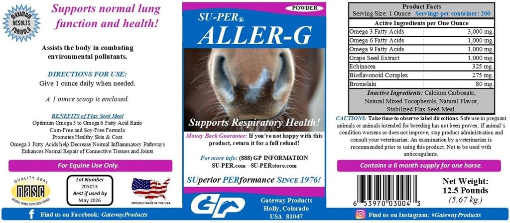 U-PER Aller-G Respiratory Support for Horses - Horse Alerji Supplement Toz for Health Immune System & Lung Support - Combats Allergies & Environmental Pollutants - 12.5 Pounds, 6 Ay Supply