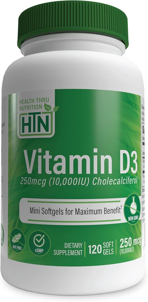 Sağlık Thru Beslenme Vitamini D3 10.000iu 120 Maksimum Fayda için Mini Softgels | 250mcg Cholecalciferol | 3rd Parti Test Edildi | Non-GMO USP Organik EVOO | Immune Health Support