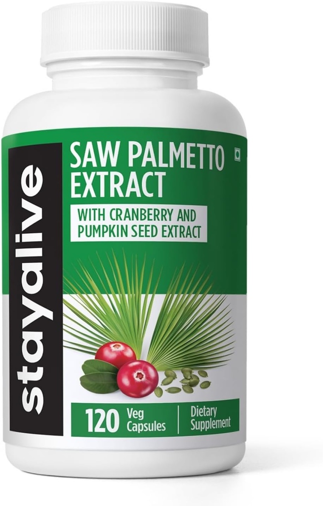 STAY ALIVE Saw Palmetto Ekstra Capsules w/Cranberry & Riley Seed Oil, 120 Vegan Pills for Hair, U.T & Prostate, Pure Saw Palmetto for Men and Women, Non-GMO, Gluten Free Riley Tohum Supplement Supplement Supplement Supplement