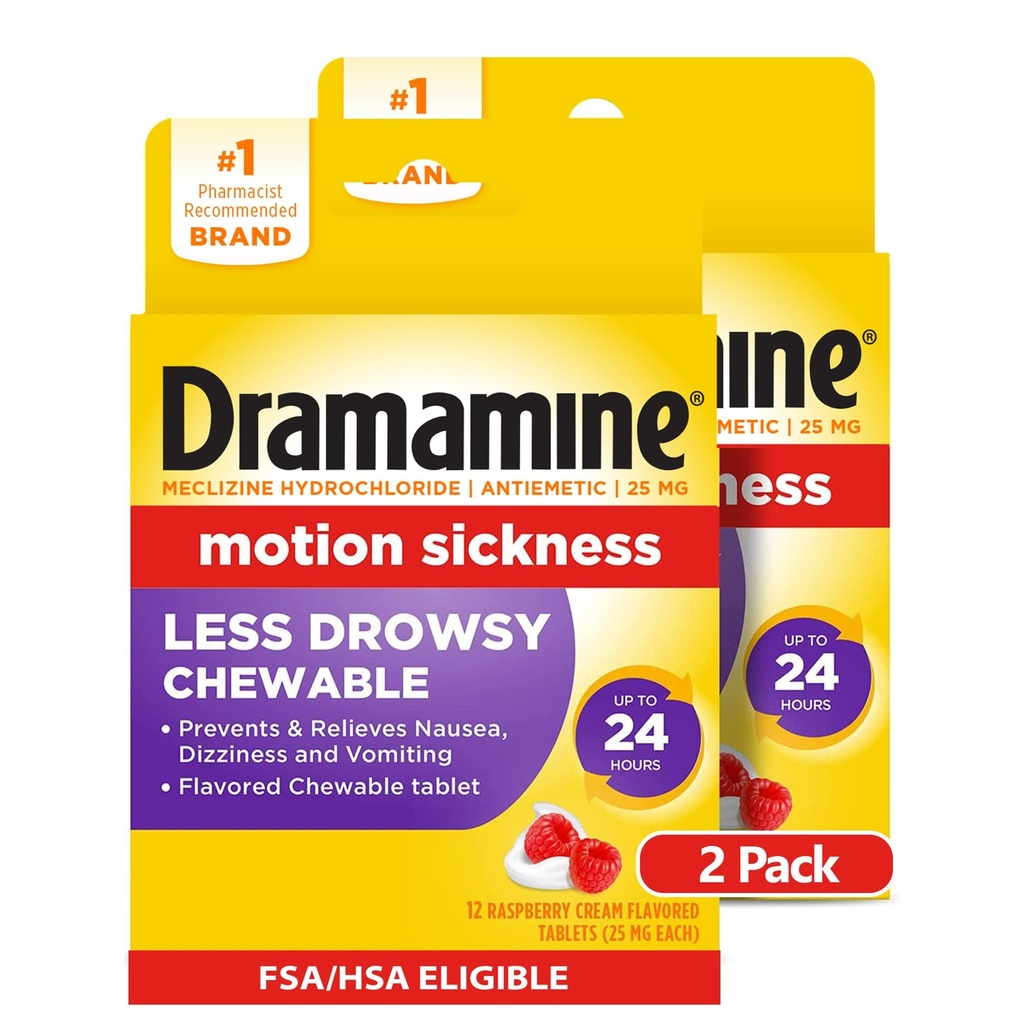 Dramamine Chewable Λιγότερο Νυσταγμός, Κίνηση Αρωγή Ασθένειας, Βατόμουρο Κρέμα Γεύση, 12 κόμης, 2 συσκευασία